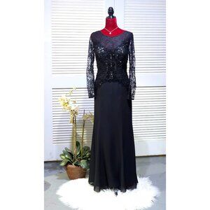MGNY Women Black Long Sleeve Lace & Beaded Gown Formal Evening Dress Sz 10 2580